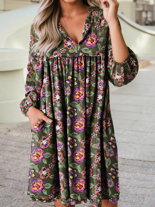 Floral Print Split Neck Long Sleeve Shift Mini Dress