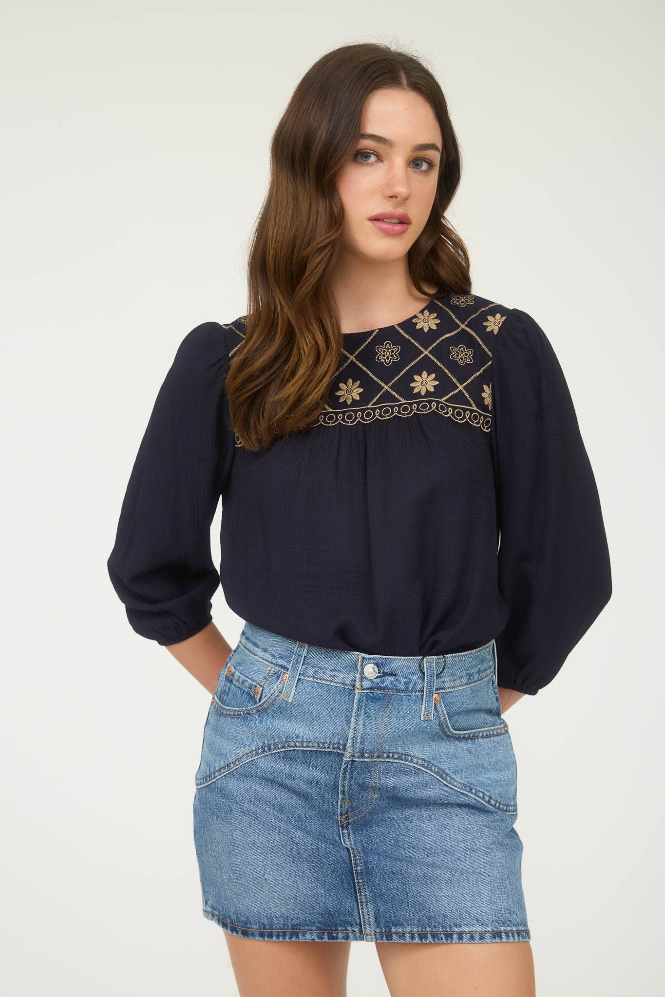 FLORAL EMBROIDERED YOKE 3/4 SLEEVE BLOUSE