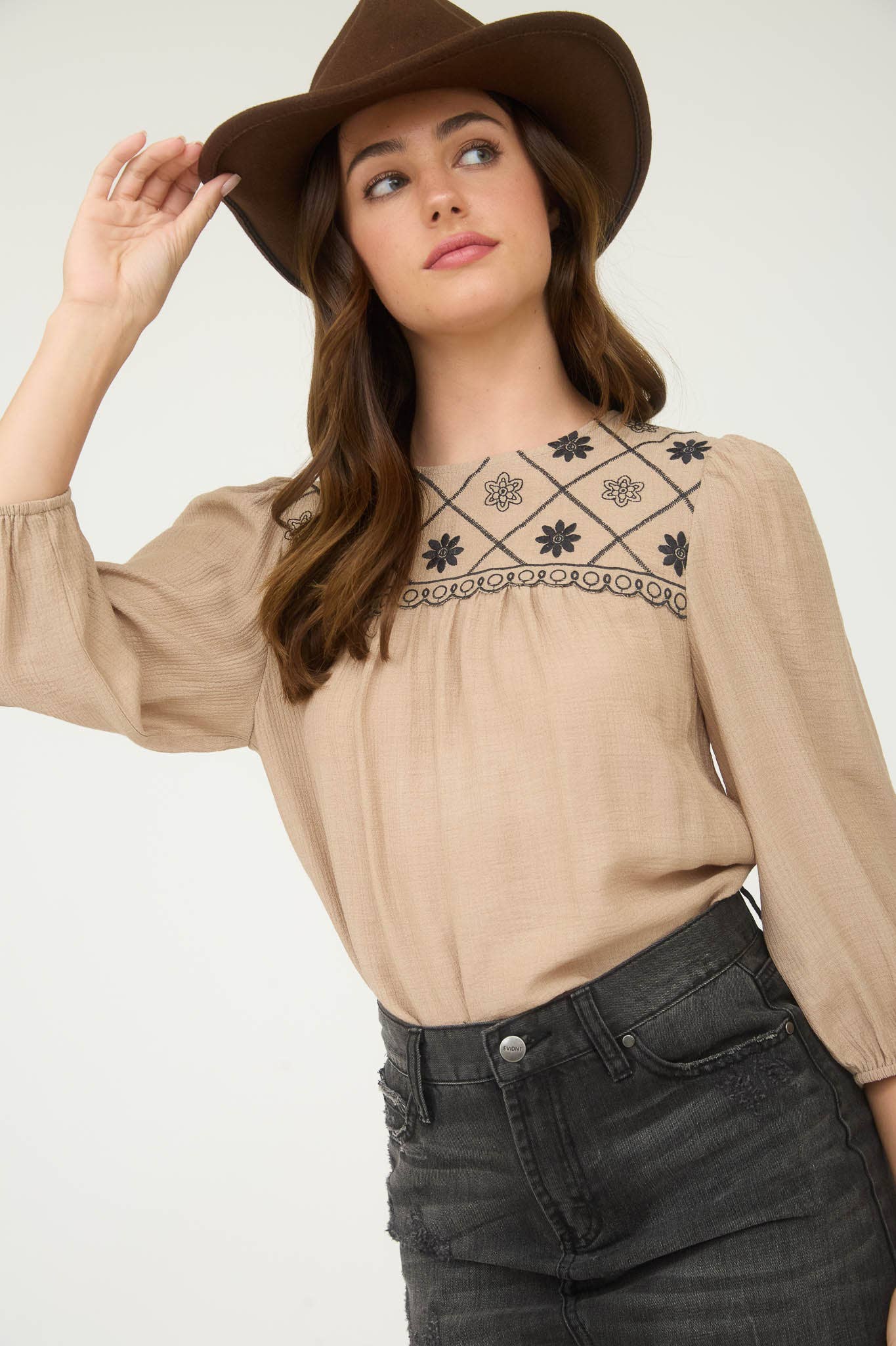 FLORAL EMBROIDERED YOKE 3/4 SLEEVE BLOUSE