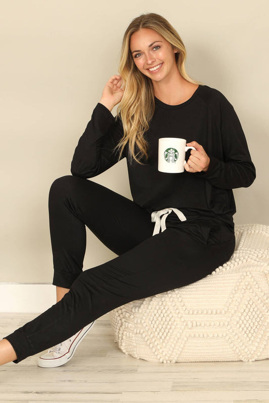 SOLID LONG SLEEVE TOP AND JOGGERS SET WITH SELF TIE - BLACK