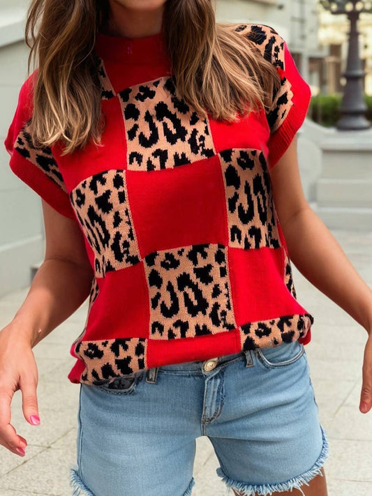Leopard Contrast Checkerboard Short Sleeve Knit Sweater
