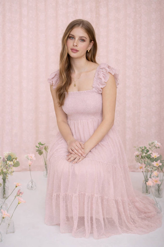 POLKA DOT CHIFFON SMOCKED TIERED MIDI DRESS
