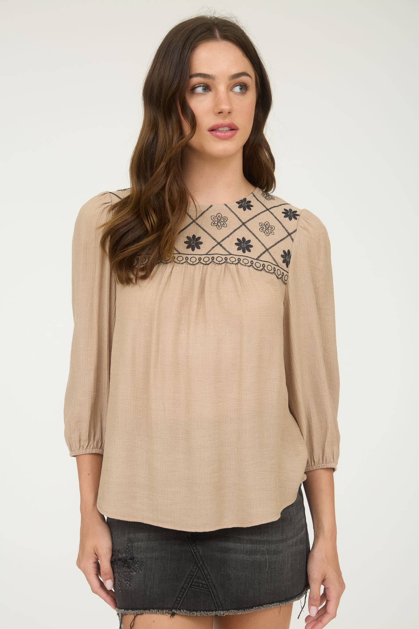 FLORAL EMBROIDERED YOKE 3/4 SLEEVE BLOUSE