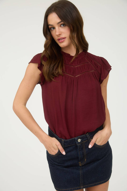 LINE LACE TRIM RUFFLE DETAIL SHORT SLEEVE BLOUSE