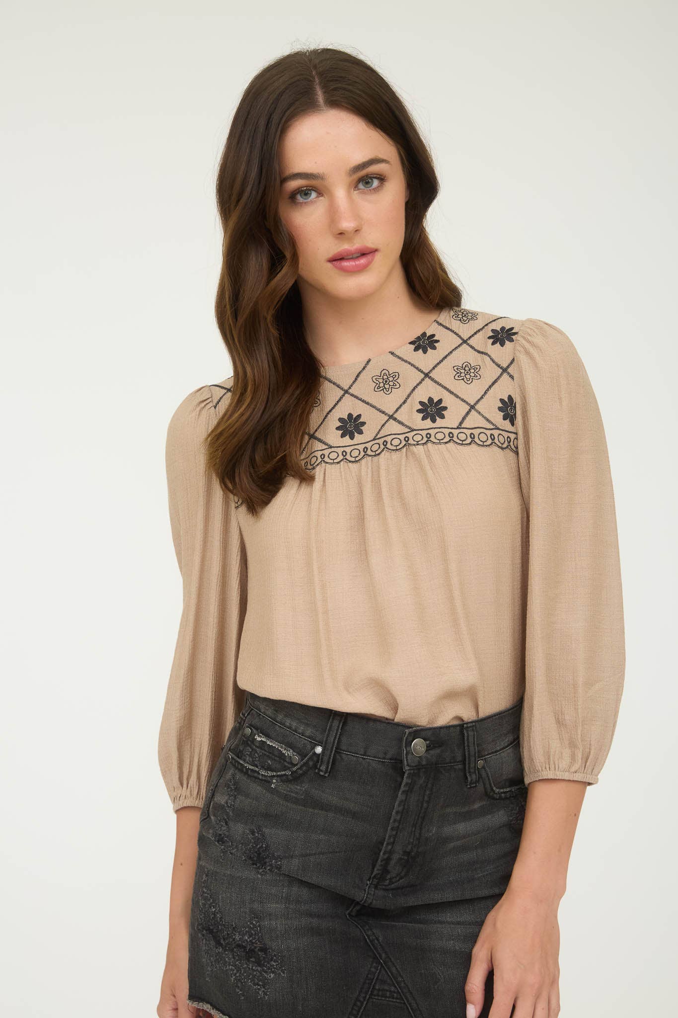 FLORAL EMBROIDERED YOKE 3/4 SLEEVE BLOUSE