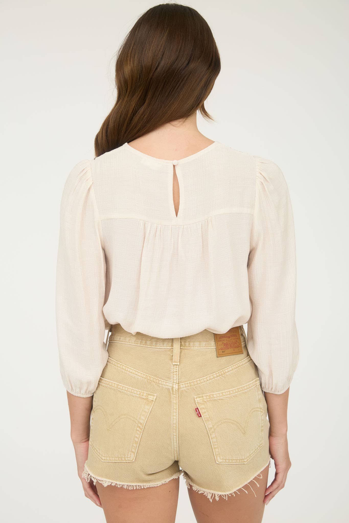 FLORAL EMBROIDERED YOKE 3/4 SLEEVE BLOUSE