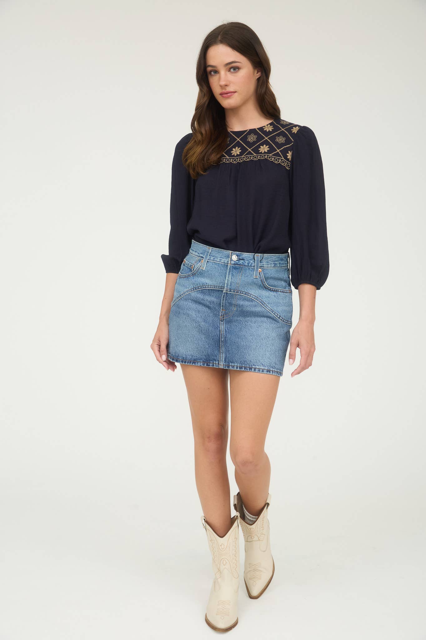 FLORAL EMBROIDERED YOKE 3/4 SLEEVE BLOUSE