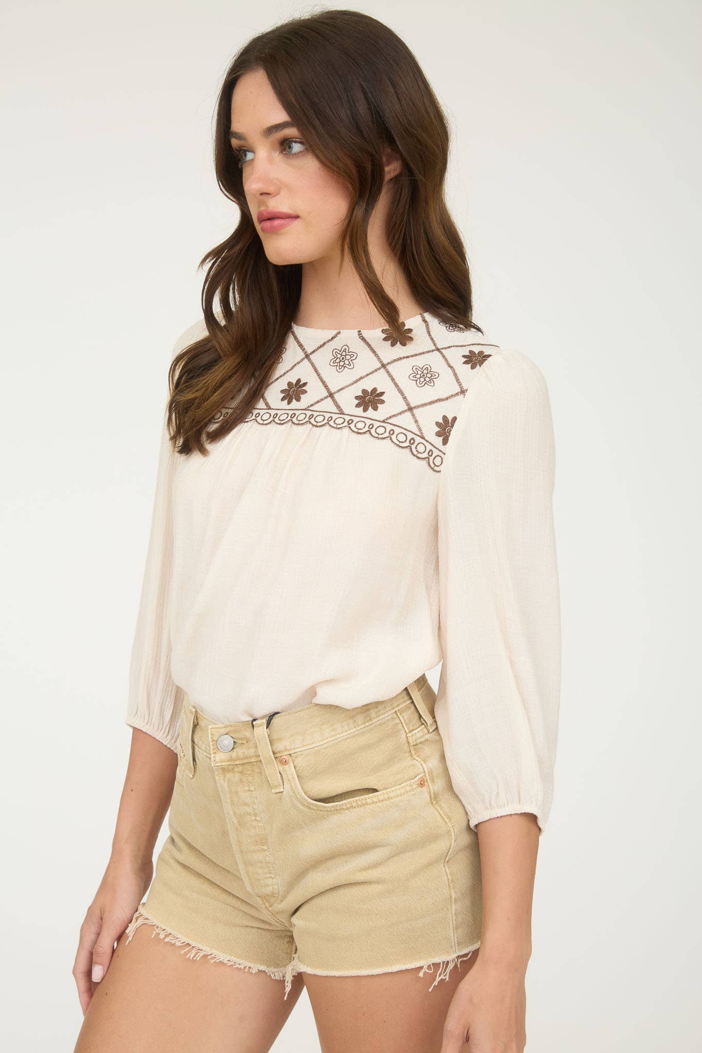 FLORAL EMBROIDERED YOKE 3/4 SLEEVE BLOUSE