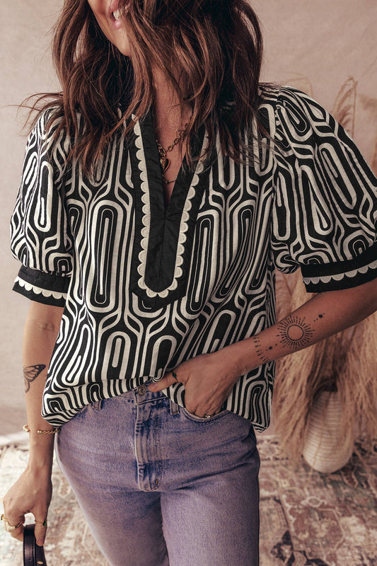 Contrast Scallop Color Block Patchwork Short Sleeve Blouse